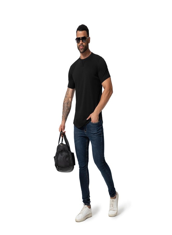 TEZO Mens 3 Pack Plain Cotton Shirts Short Sleeve Casual Crew Neck T-Shirts Hipster Hip Hop Longline Tees Shirts Drop Cut Curved Hem Shirt (BKBKBK M) Black/Black/Black - Image 4